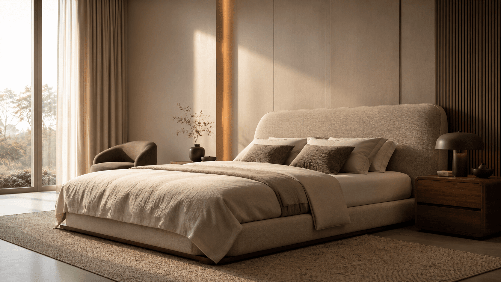 Oatmeal upholstered bed with a curved headboard in a calm bedroom with walnut nightstand