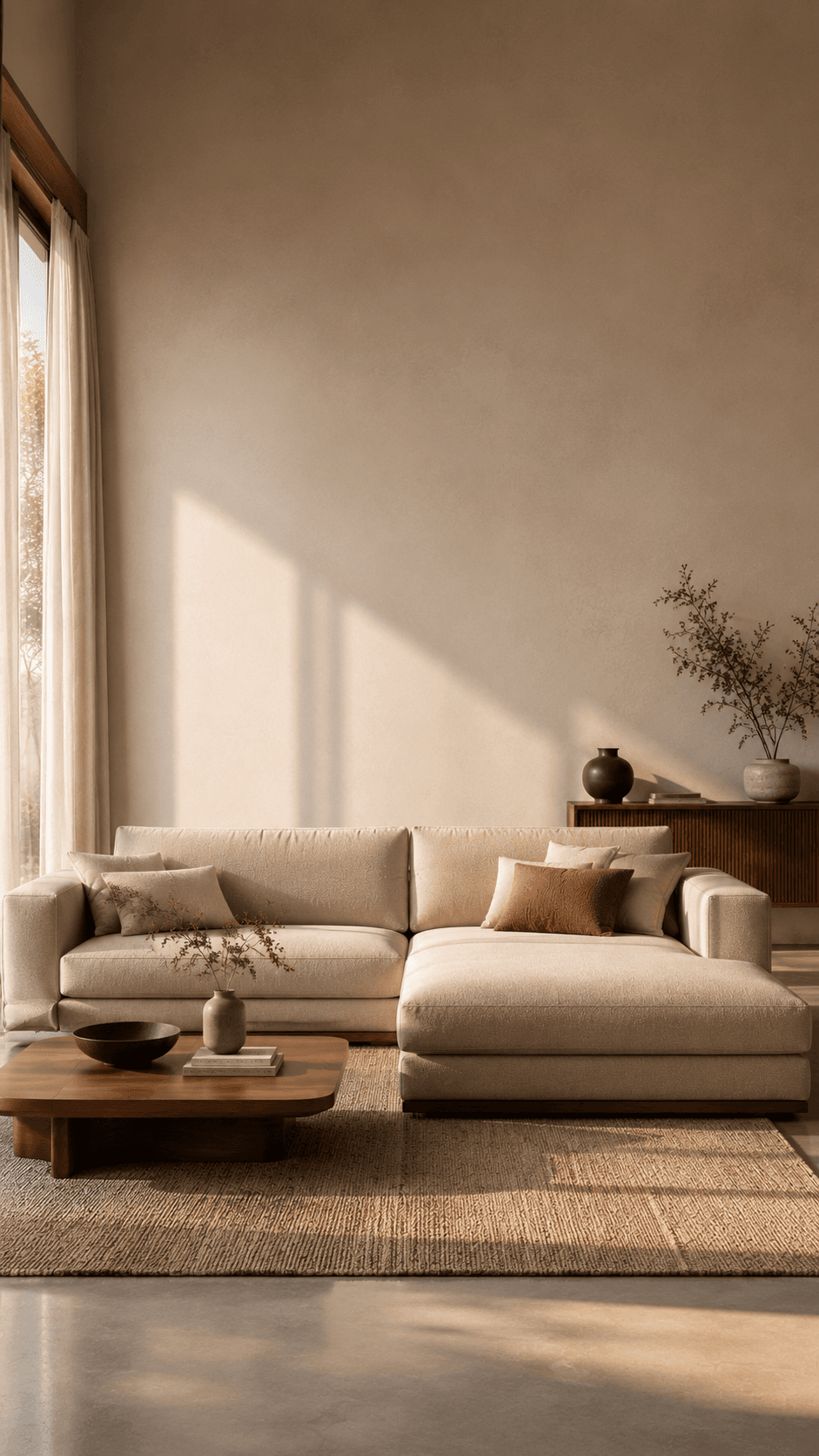 Portrait view of a cream L-shaped sofa with generous wall space above for overlay type